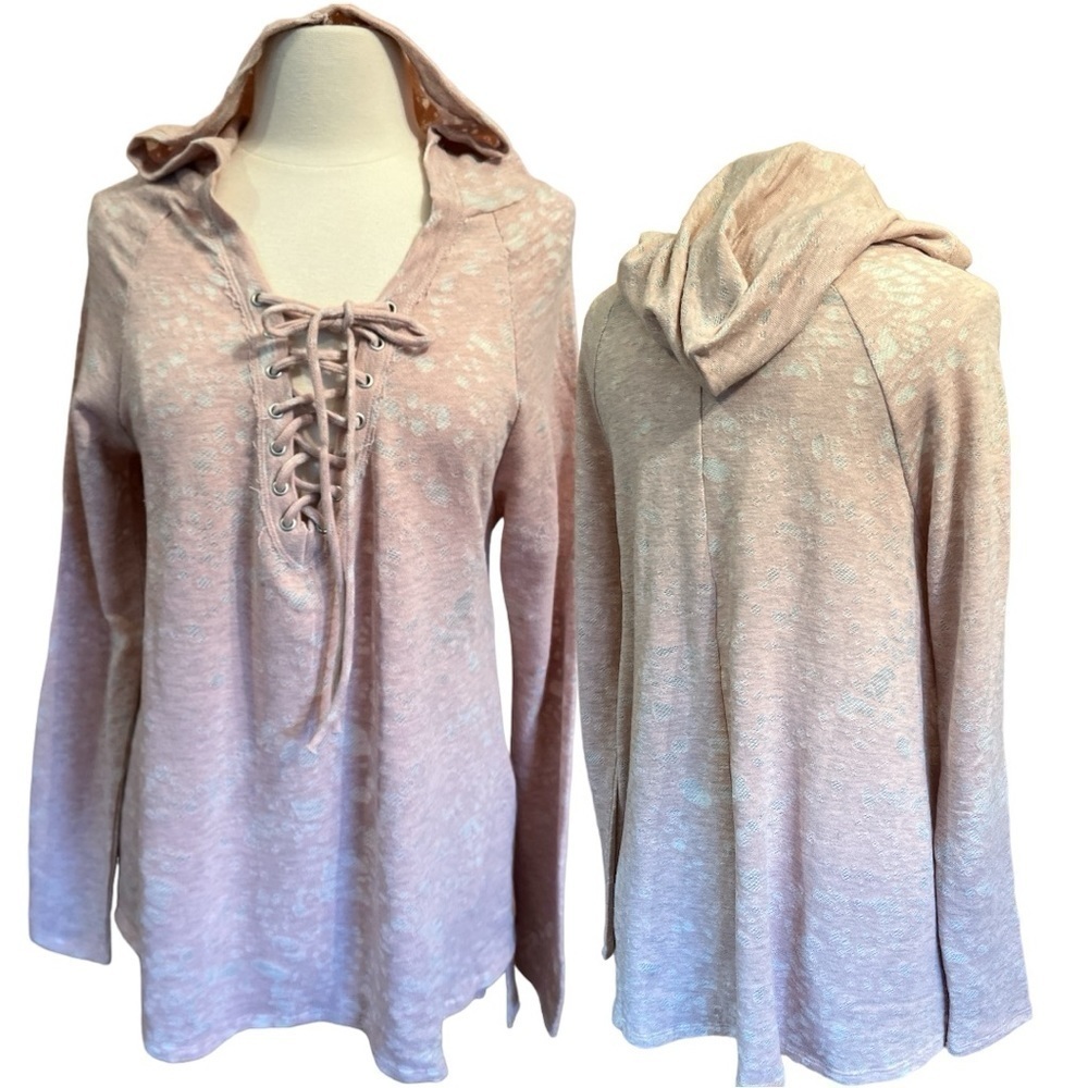 Anthropologie Maronie Lace Up High Low Hooded Top Long Sleeve Burnout Pink Med 